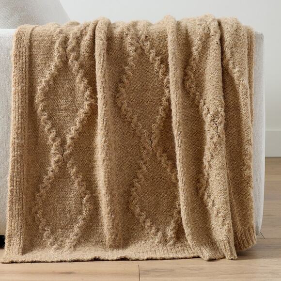 Pottery Barn Diamond Cable Knit Throw 50 x 60 + 2 Pillow Covers 20 Sq. Brown NEW - Picture 1 of 8
